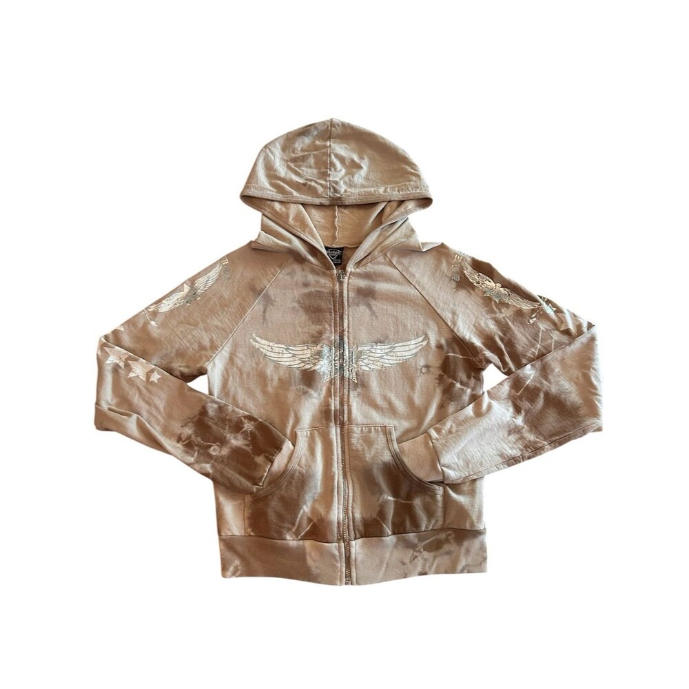 SLEDGE USA Vintage Y2K Grunge Zip-Up Hoodie - Metallic Angel Wing Graphic - M